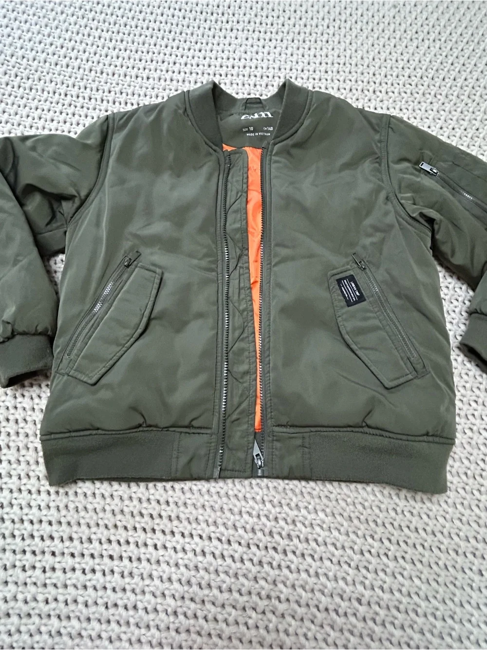 Kid’s Zara Olive Bomber Jacket with Bright Orange Lining Size 10